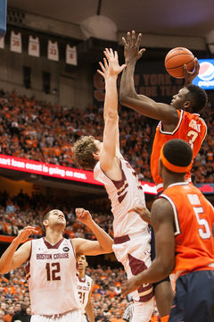 Jerami Grant skies up for a hook shot over an outstretched Boston College defender. 