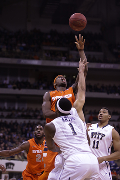 C.J. Fair reaches up over Pitt's Jamel Artis.