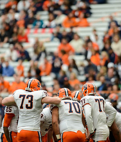 Rising sophomore Mitch Kimble huddles up the offense. Kimble completed 7-of-10 passes for 112 yards.