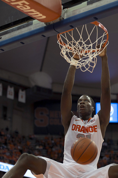 Sophomore Tyler Roberson flushes a two-handed dunk. He finished with 14 points and 17 rebounds, stepping up when Christmas and McCullough didn't.