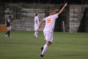 Ben Ramin celebrates his goal in Syracuse's 6-0 win over Colgate at SU Soccer Stadium Monday night.