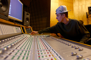 Rick Laubenstein, a sophomore in the bandier program, mixes tracks at the Belfar Audio Lab. Laubenstein uses the studio to work on tracks for his rap persona, Rip City Rick. One of his songs, 