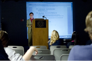 Comptroller Stephen DeSalvo addresses students during Monday night's SA meeting. 