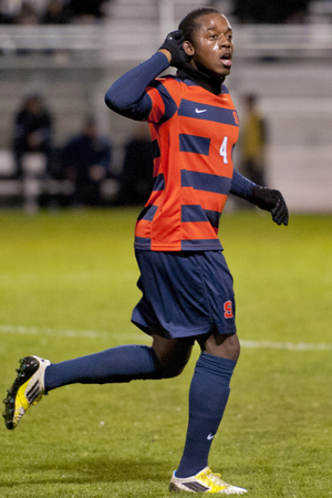 Syracuse defender Jordan Murrell makes a call during the Orange's 4-2 loss to Notre Dame on Saturday. 