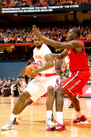 James Southerland battles for position against St. John's in his return from a six-game suspension. After a disappointing first half, the forward finished with 13 points and shot 3-of-7 from beyond the arc.