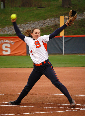 Syracuse pitcher Stacy Kuwik uses a more deliberate, time-consuming style on the mound, as opposed to fellow pitcher Lindsey Larkin's faster pace.