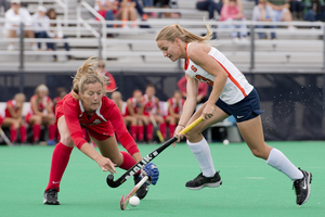 Leonie Geyer dribbles past an Ohio State defender. Geyer netted both game winners this weekend.