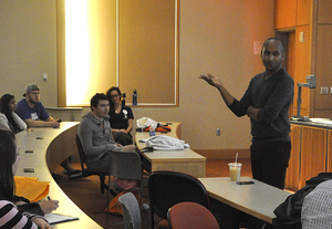 Kerry Foxx, associate director of student activites, talks to the student assembly on Monday about why Student Association should change its presidential terms to match SU’s academic year. Currently, the president’s term is aligned with the calendar year.