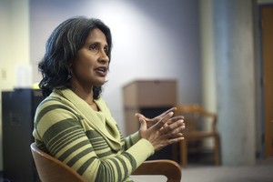 Sunita Viswanath, the co-founder of the Women for Afghan Women, speaks at Eggers Hall on Tuesday. She discussed gender inequality issues in the Middle East.