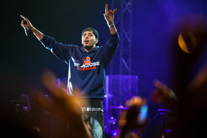 During his encore, rapper J. Cole sported a Syracuse sweatshirt during his final two songs, 