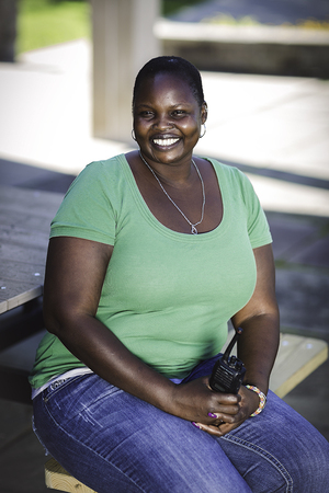 Medina Aboui, a Flint Hall housekeeper, has been working at SU for 12 years. She likes to connect with the freshmen by joking around and encouraging them during exams.