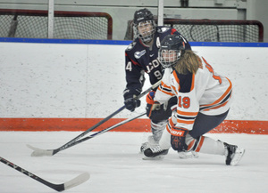 Dakota Derrer (right) played her first women’s ice hockey game when SU hosted Colgate on opening night. She only play with boys before college, and has been successful and made adjustments as a result. 