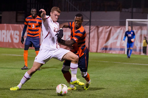 Jordan Murrell stands up his man in Syracuse's 2-1 come-from-behind victory against Boston College Satuday night at SU Soccer Stadium.