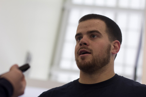 Sam Rodgers, a former SU long snapper, talks with media following Syracuse's Pro Day on Tuesday. Long snappers are rarely drafted, but Rodgers is still hopeful he'll get a shot at an NFL career.