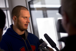 Offensive lineman Sean Hickey answers questions after Syracuse's Pro Day on Tuesday at the Cliff Ensley Athletic Center.