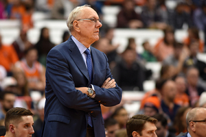 Jim Boeheim looks on as the Orange routed Le Moyne, 97-58, in the Carrier Dome on Monday night.