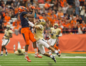 Steve Ishmael has been Syracuse's top receiver in 2015. Before he came to Syracuse he needed to put on muscle, since his strength was his greatest weakness early in his high school career. 