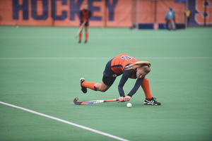 Roos Weers sets up to send the ball in on Saturday against UMass. The Orange won 4-2 to advance to the NCAA tournament quarterfinals.