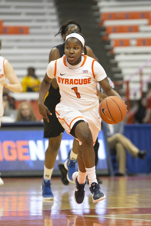 Alexis Peterson dribbles up the court in Syracuse's 88-56 win over Coppin State on Wednesday night. She finished with 15 points and three personal fouls.