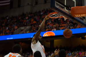 Taurean Thompson dunks home two of his 12 points against South Carolina State. The freshman had four rebounds and four blocks in addition to his career-high in points. 