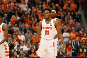 Oshae Brissett scored 20 points including a highlight-reel and-one dunk over Colgate's Will Rayman in the first half.