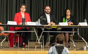 (From left) Congressional candidates Dana Balter, Bill Bass and Juanita Perez Williams participate in a spring forum. Balter and Perez Williams are both on the ballot in Tuesday's Democratic primary. 