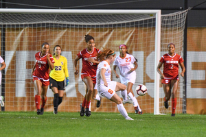 Georgia Allen kicks toward the goal in Syracuse's 6-3 loss to NC State last season.