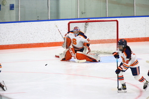 Despite allowing a first period goal, Arielle DeSmet (pictured No. 32) made 43 saves against St. Lawrence.