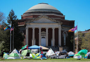 Students gathered on the Shaw Quadrangle late Monday morning to set up an encampment demanding divestments from Israel and other actions.