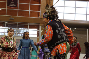 Haudenosaunee Singers and Dancers present the Fish Dance. The dance was part of this year’s Indigenous Peoples’ Day celebration, which took place at the Onondaga Nation Fieldhouse.
