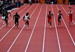 Shamel Lewis (fourth from left) competes in the Syracuse Invitational Feb. 7. Lewis qualified for the EAC/IC4A Championships this weekend in Boston for the 60-meter dash with a time of 6.82 seconds.