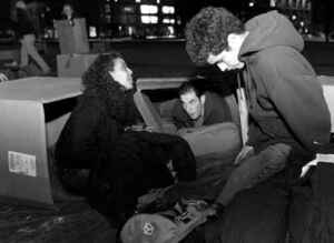 Janelle Kaalund, Evan William and Mike Rubin campout in the Quad. 