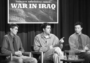 A student panel speaks at War on Iraq forum Thursday.