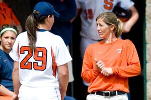 SU pitcher Jenna Caira (29) and head coach Leigh Ross