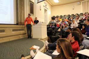 Taylor Carr, a presidential candidate, presents the Change of Election Debate Procedure bill during Mondays Student Association meeting. Two students are running for president and one for comptroller.