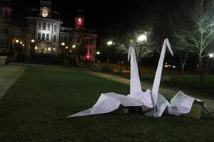 For the one-year anniversary of the Japan earthquake and tsunami, the Japanese Student Association is placing more than 1,000 paper cranes around campus. The Hall of Languages is also being lit up with red and white lights to symbolize the Japanese flag.