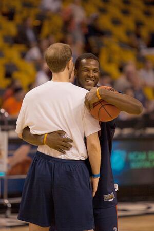 Dion Waiters and Mike Hopkins at practice in the TD Garden in Boston on Wednesday.