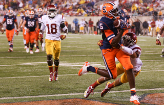 Syracuse Orange wide receiver Marcus Sales #5 catches a touchdown pass in fourth quarter.