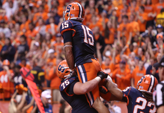 Alec Lemon celebrates after scoring a touchdown. Lemon led the team in receiving with 166 yards. 