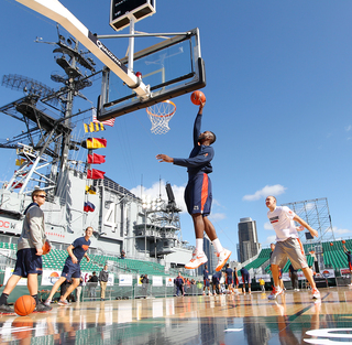 Rakeem Christmas dunks the ball during media day on Nov. 10, 2012 before the Battle on the Midway game against the San Diego State Aztecs.