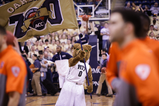 The Pittsburgh mascot cheers on the Panther fans before the game. 