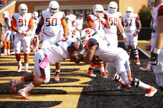 Two Syracuse players imitate game action prior to SU's matchup with Wake Forest on Saturday.