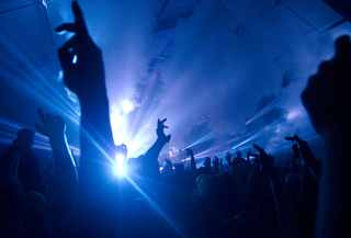 Concertgoers raise their hands in the air for Skrillex during his set. The DJ mixed several songs from his new album, “Recess.”