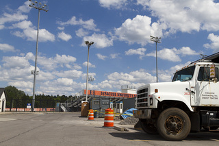 Construction equipment sits near the Women's Soccer Stadium as the retaining wall along is being replaced. Photo taken July 5, 2017