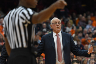 Boeheim reacts to a call during the game.