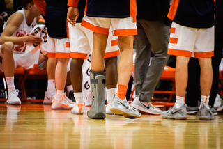 Moyer returned to the bench in a walking boot. He will be evaluated further on Thursday.