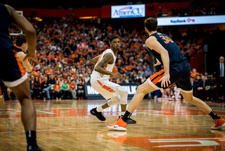 Howard controls the ball at the top of the key. He had one assist and three turnovers.