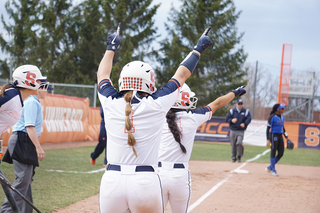 Bryce Holmgren celebrates a run scored. 